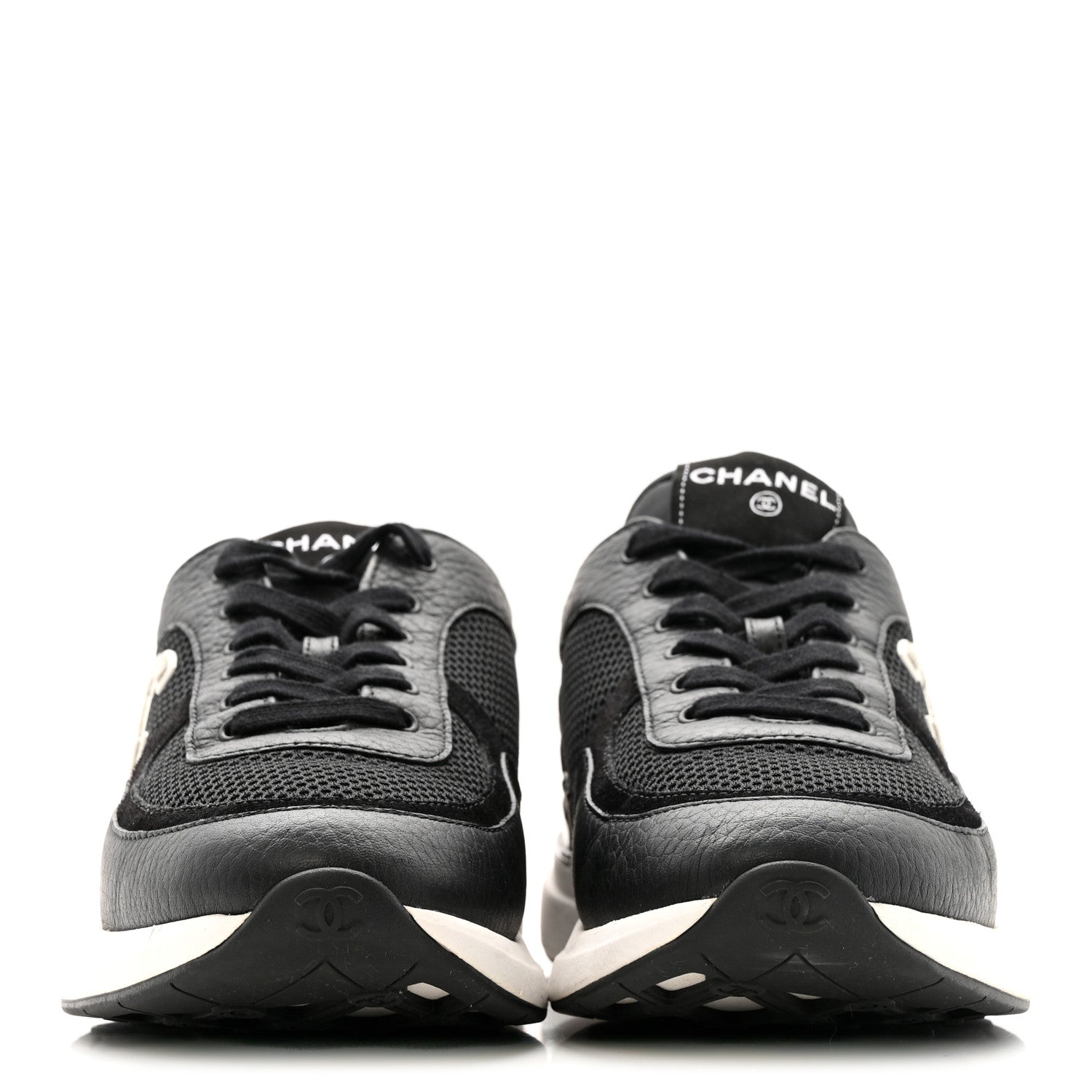 Chanel Calfskin Mesh Lycra Suede Womens Logo Sneakers 41 Black