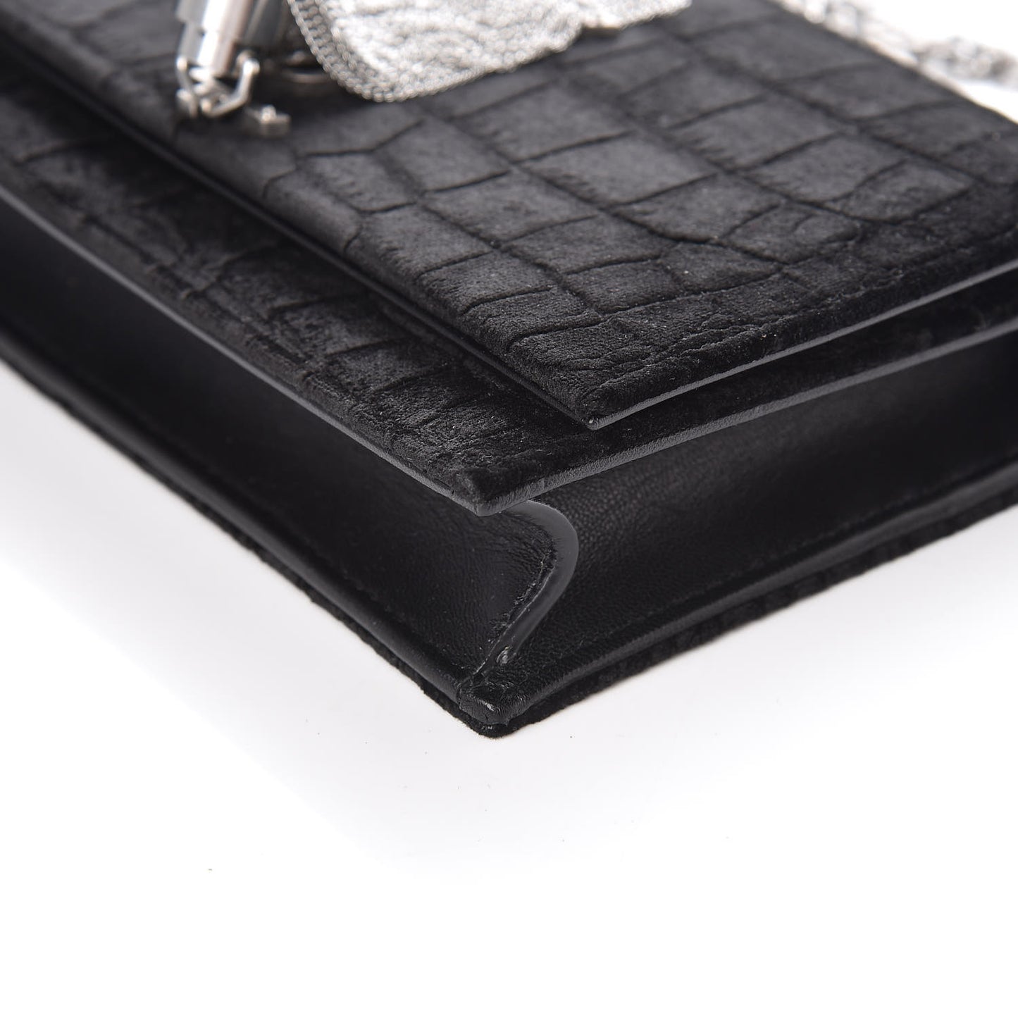 Suede Crocodile Embossed Monogram Tassel Chain Wallet Black Silver