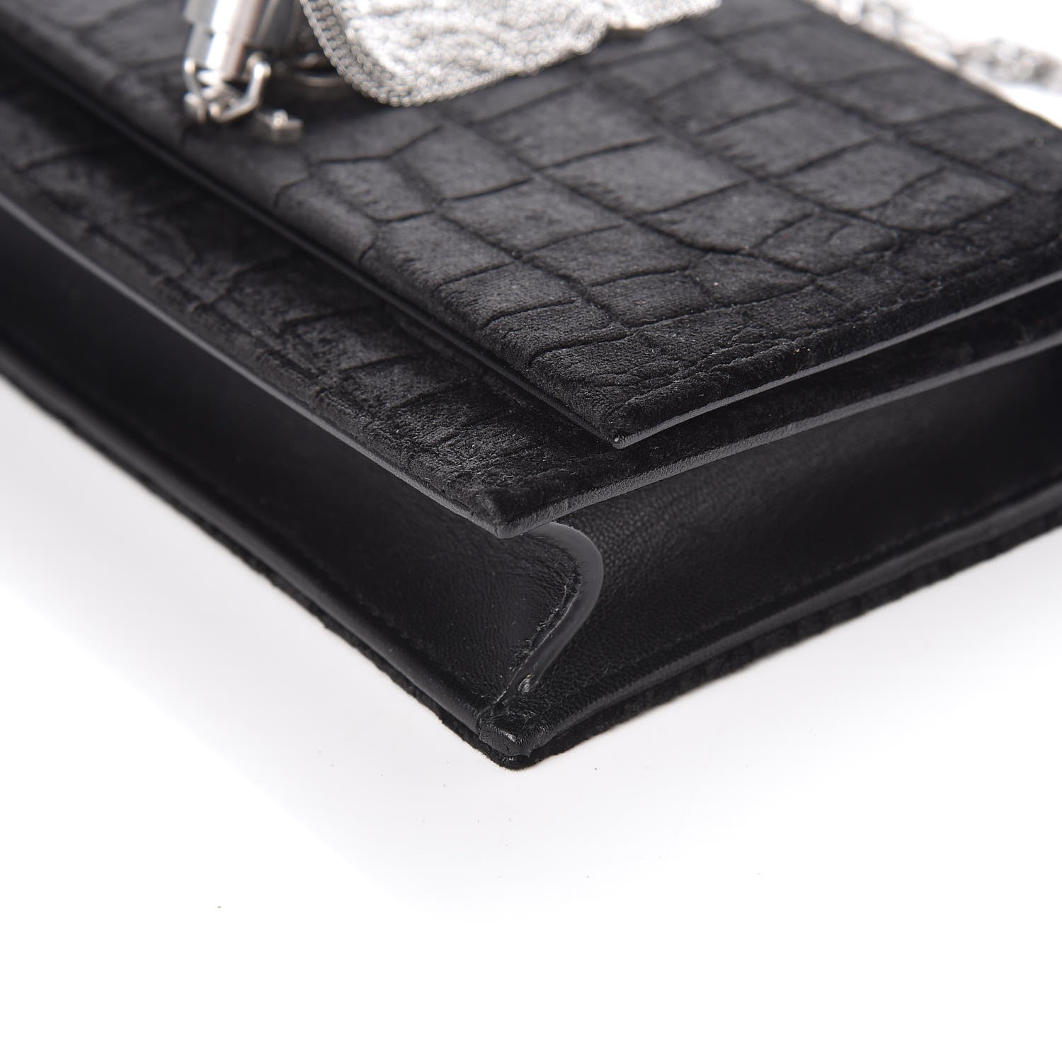Saint Laurent Suede Crocodile Embossed Monogram Tassel Chain Wallet Black Silver 6 of 8