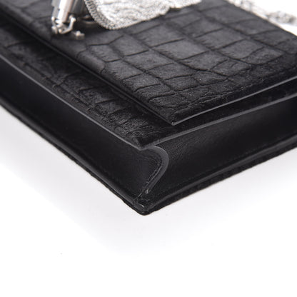 Saint Laurent Suede Crocodile Embossed Monogram Tassel Chain Wallet Black Silver 6 of 8