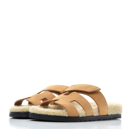 Hermes Suede Goatskin Woolskin Womens Chypre Sandals 37 Golden Beige 3 of 9