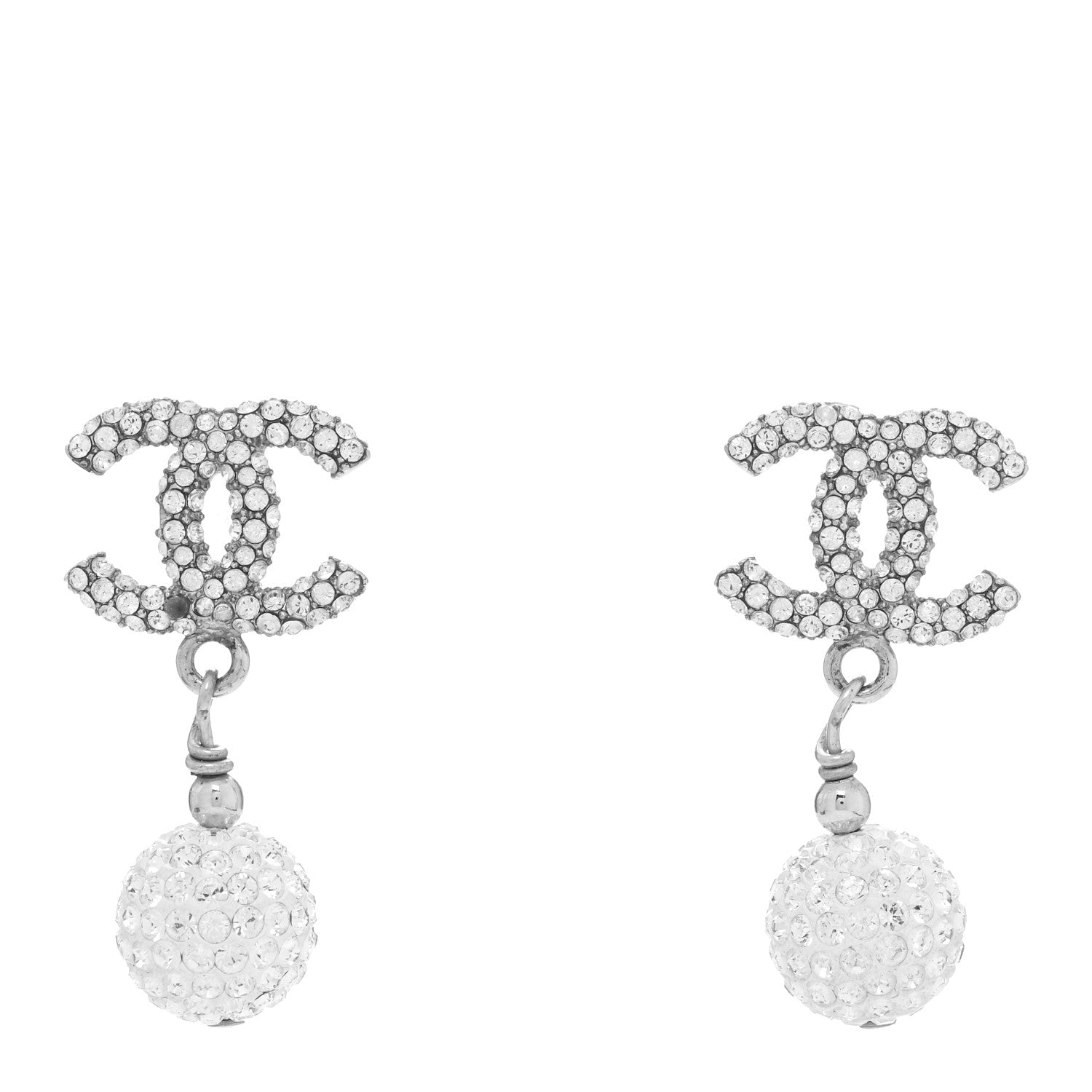Chanel Crystal CC Drop Earrings White Silver 1 of 5