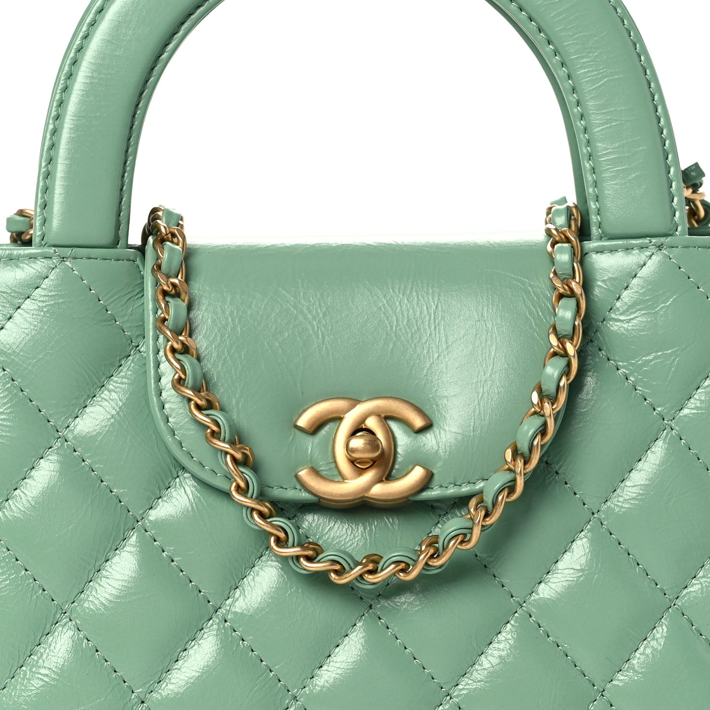 Shiny Aged Calfskin Quilted Nano Kelly Shopper Light Green
