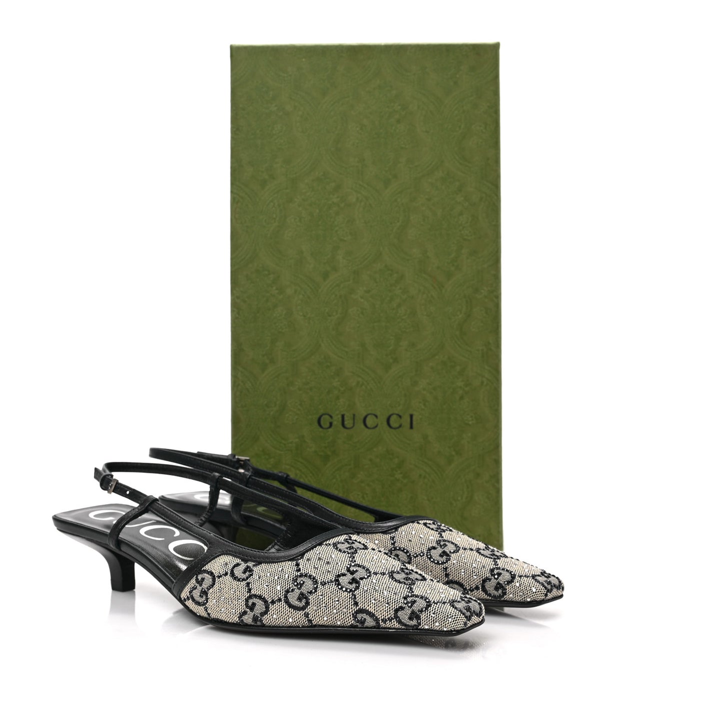 GG Monogram Malaga Kid Crystal Square G 35mm Slingback Pumps 37.5 Beige Blue