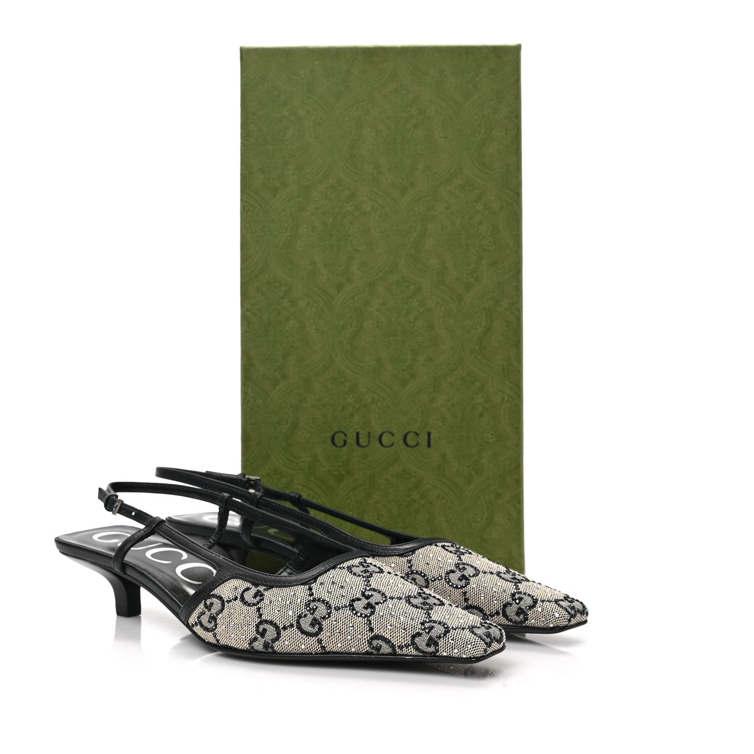 Gucci GG Monogram Malaga Kid Crystal Square G 35mm Slingback Pumps 37.5 Beige Blue 8 of 8