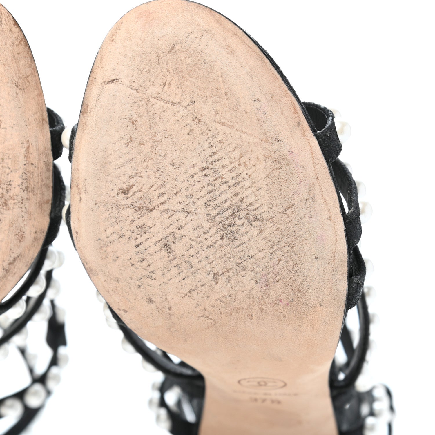 Chanel Crackled Lambskin Pearl Sandals 37.5 Black 6 of 7