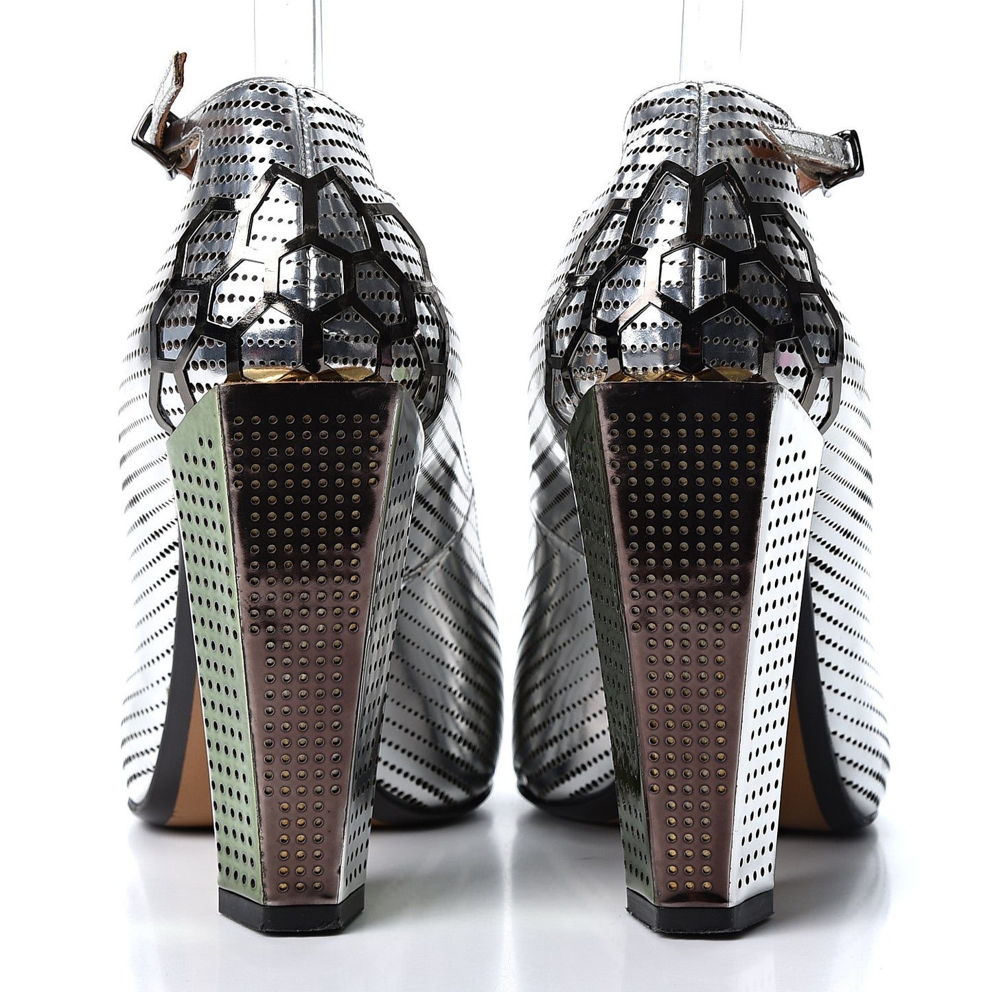 Metallic Calfskin Perforated T-Bar Pumps 37.5 Silver Multicolor