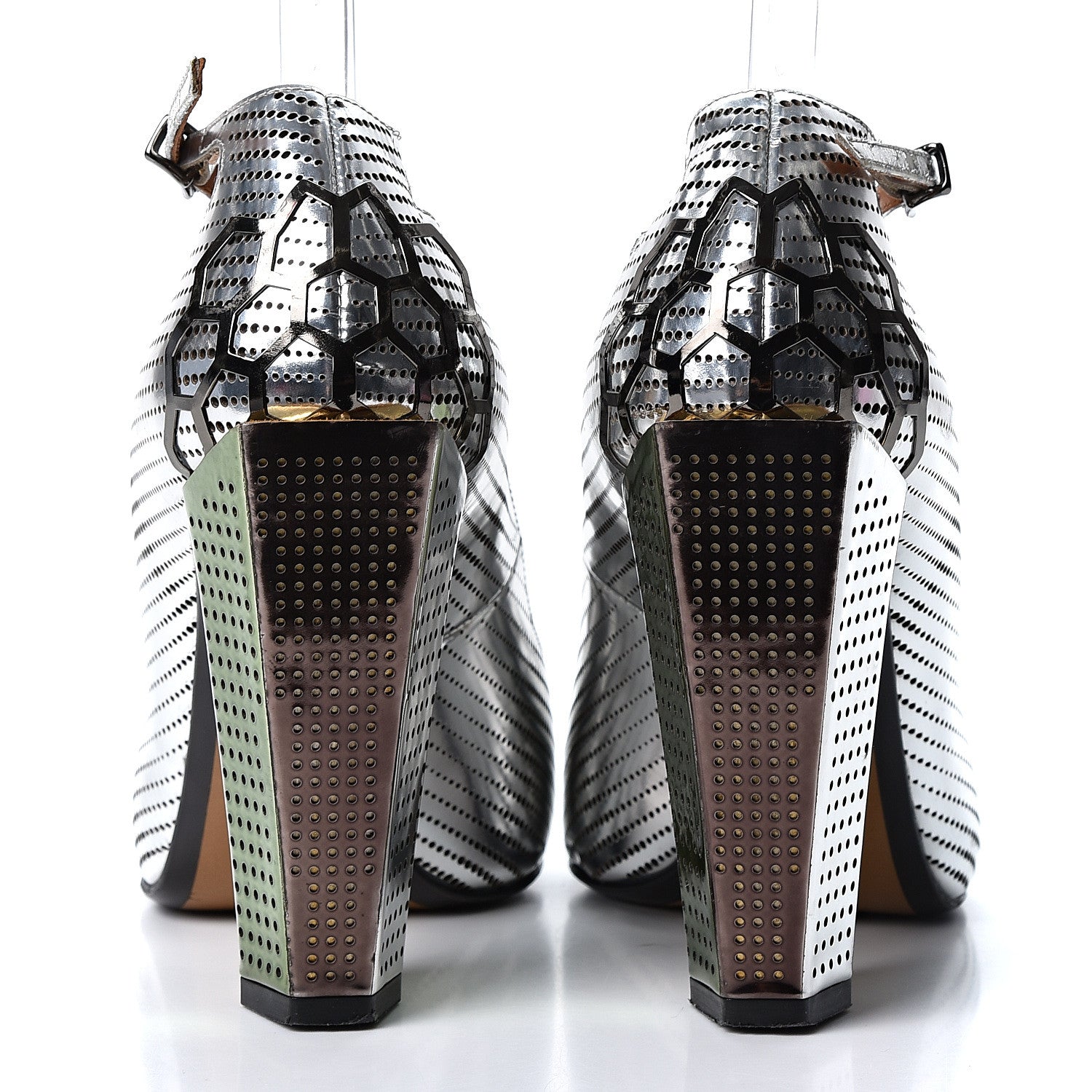Fendi Metallic Calfskin Perforated T-Bar Pumps 37.5 Silver Multicolor 5 of 10