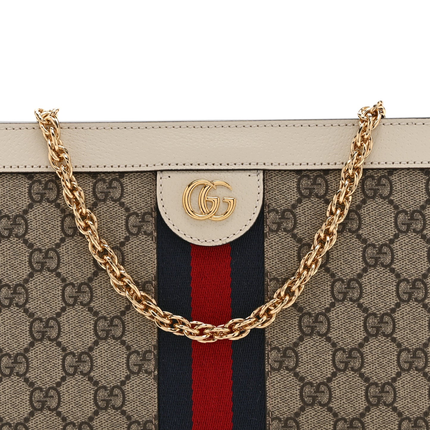 GG Supreme Monogram Textured Calfskin Web Small Ophidia Chain Shoulder Bag Beige Ebony Mystic White