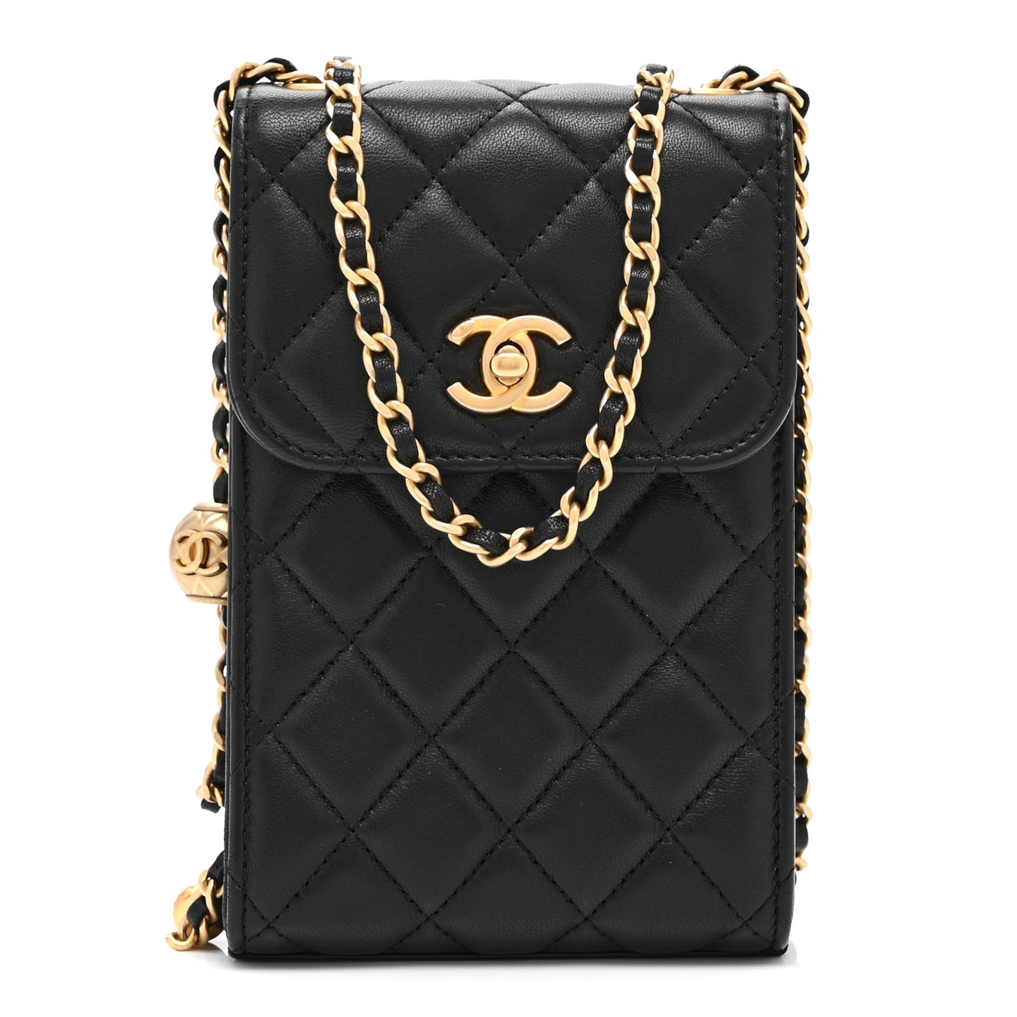 Lambskin Quilted Pearl Crush Phone Holder With Chain Black