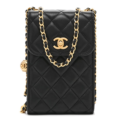 Chanel Lambskin Quilted Pearl Crush Phone Holder With Chain Black 1 of 10