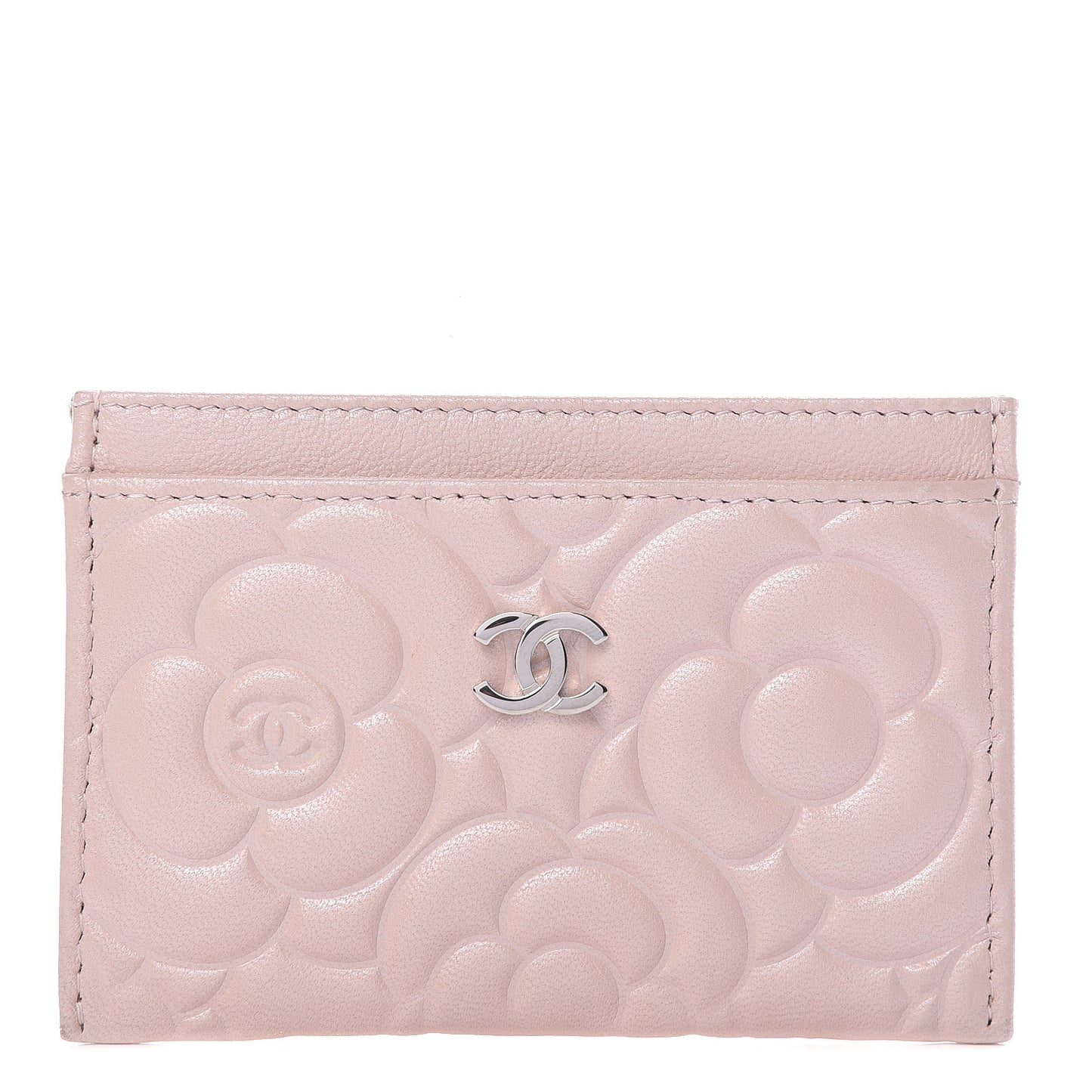 Lambskin Camellia Embossed Card Holder Nude