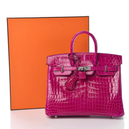 Hermes Shiny Niloticus Crocodile Birkin 25 Rose Scheherazade 29 of 29