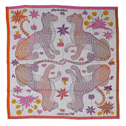 Hermes Cashmere Silk Les Leopards Shawl 140 Gris Chine Rose Or 1 of 4
