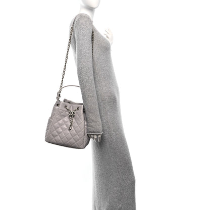 Chanel Caviar Flat Quilted CC Chain Bucket Drawstring Bag Light Grey 2 of 11