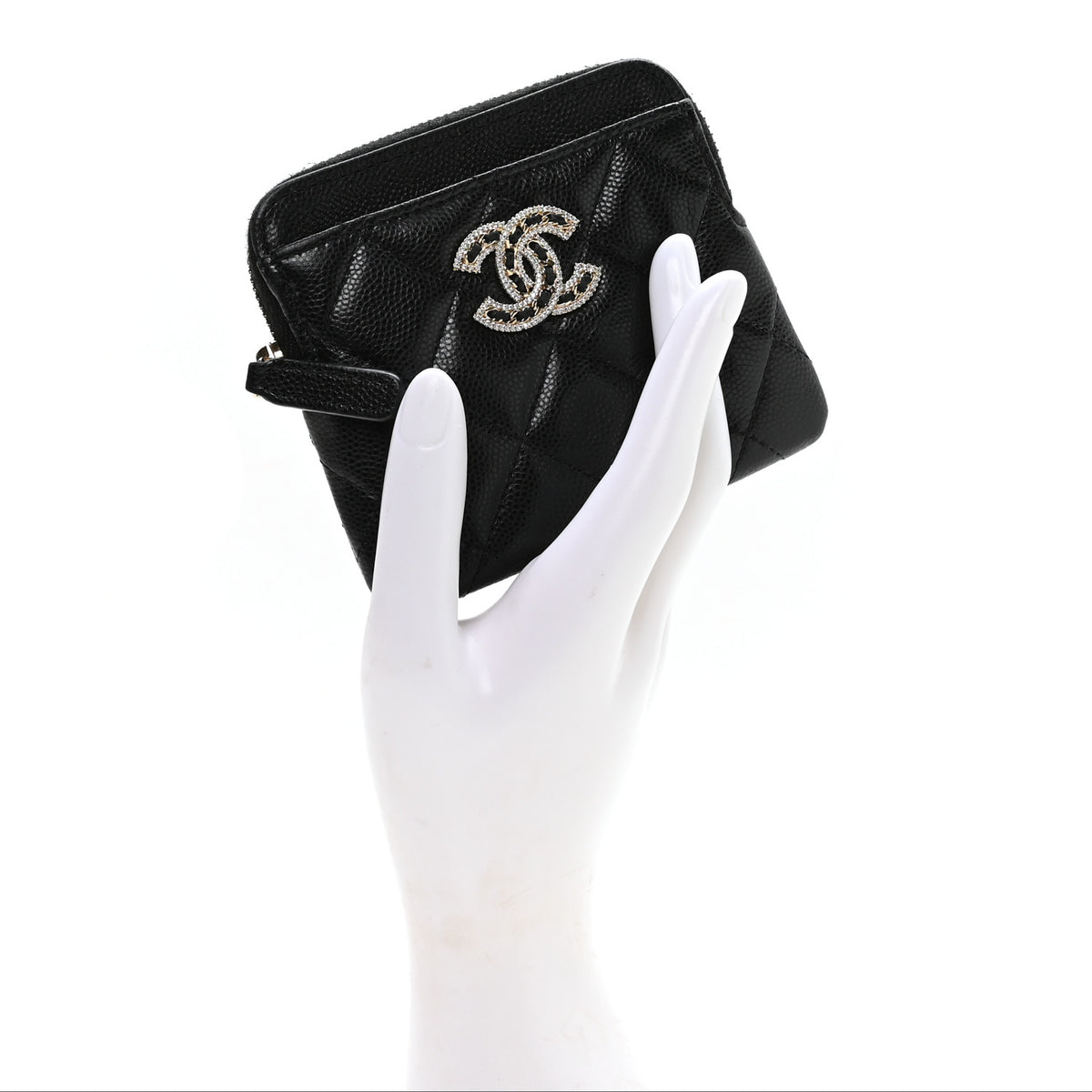 Caviar Quilted Crystal Zip Card Holder Wallet Black