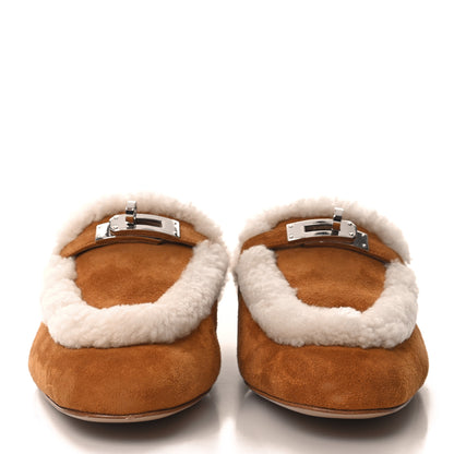 Hermes Suede Goatskin Woolskin Womens Oz Mules 38.5 Naturel 2 of 8