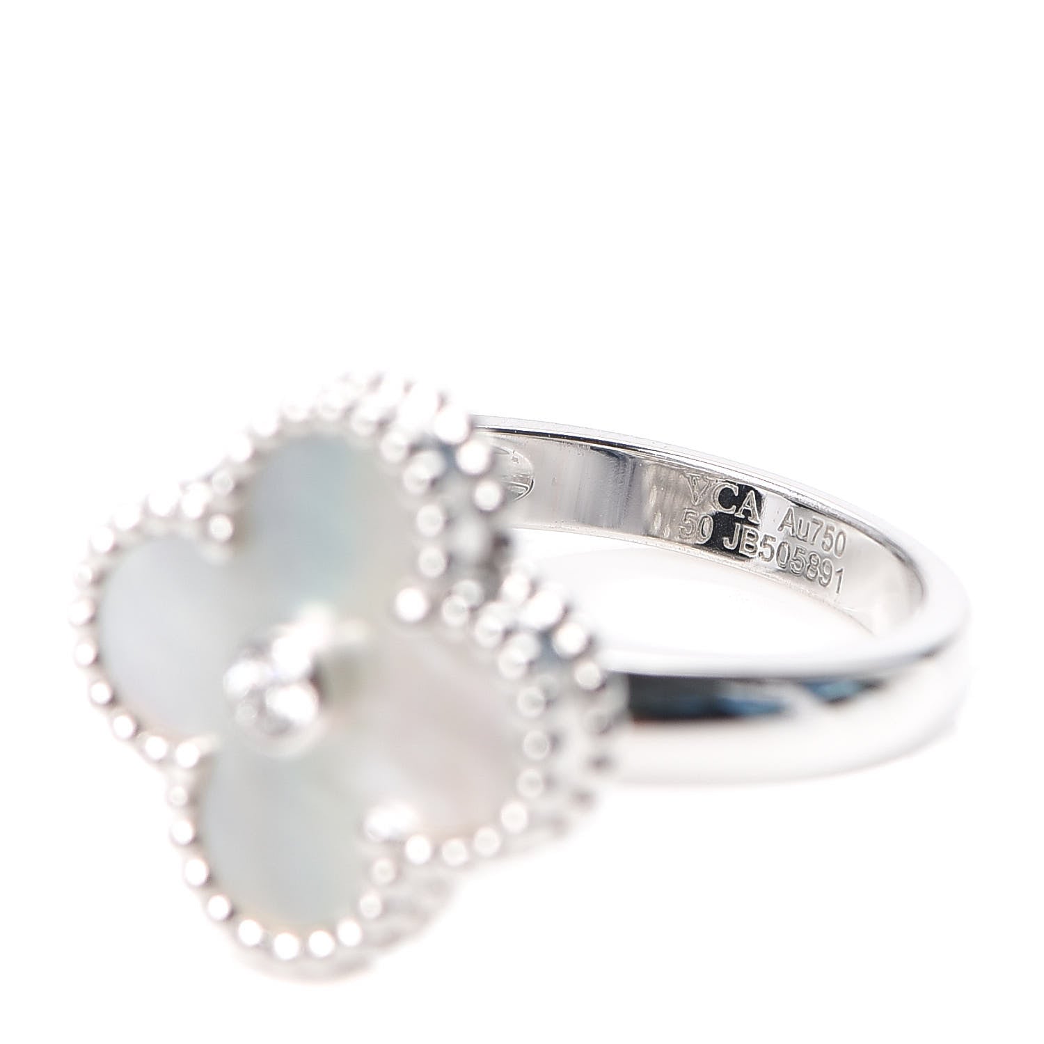 Van Cleef & Arpels 18K White Gold Diamond Mother of Pearl Vintage Alhambra Ring 50 5.25 5 of 7