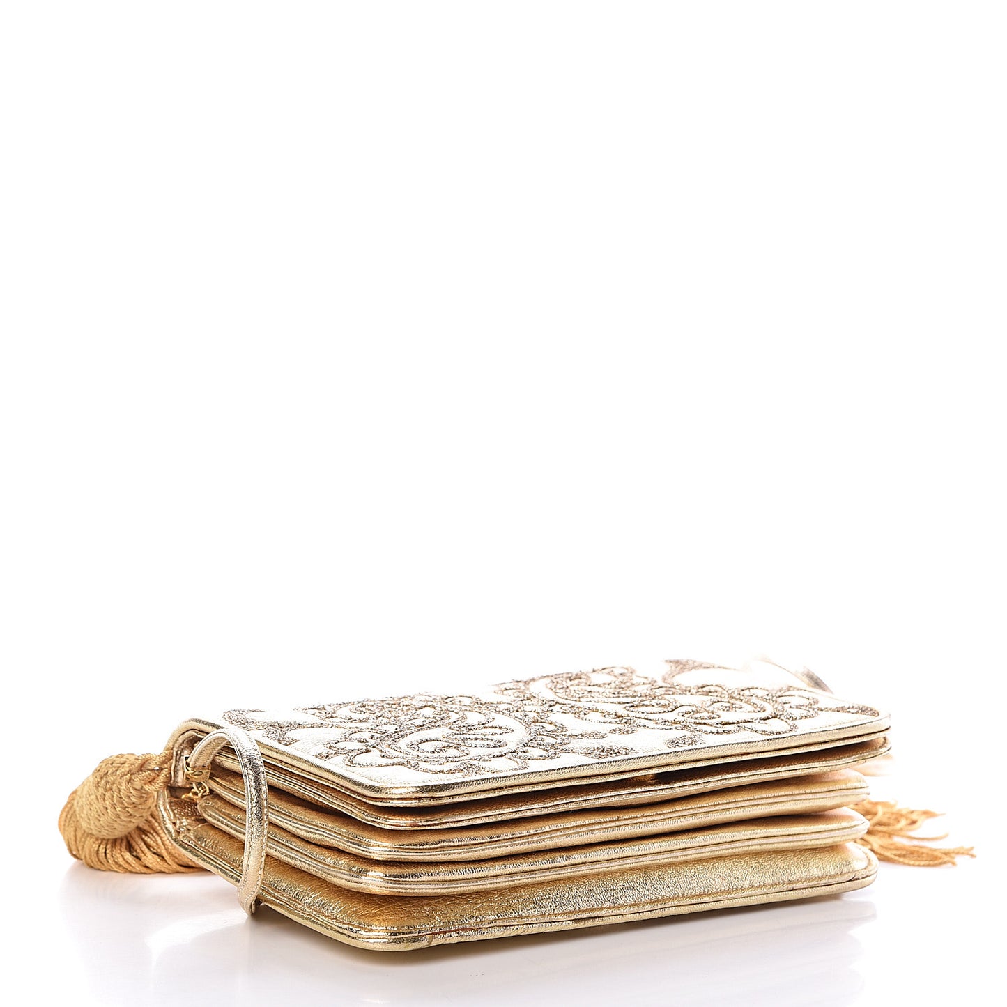 Metallic Calfskin Embroidered Tassel Shoulder Bag Gold