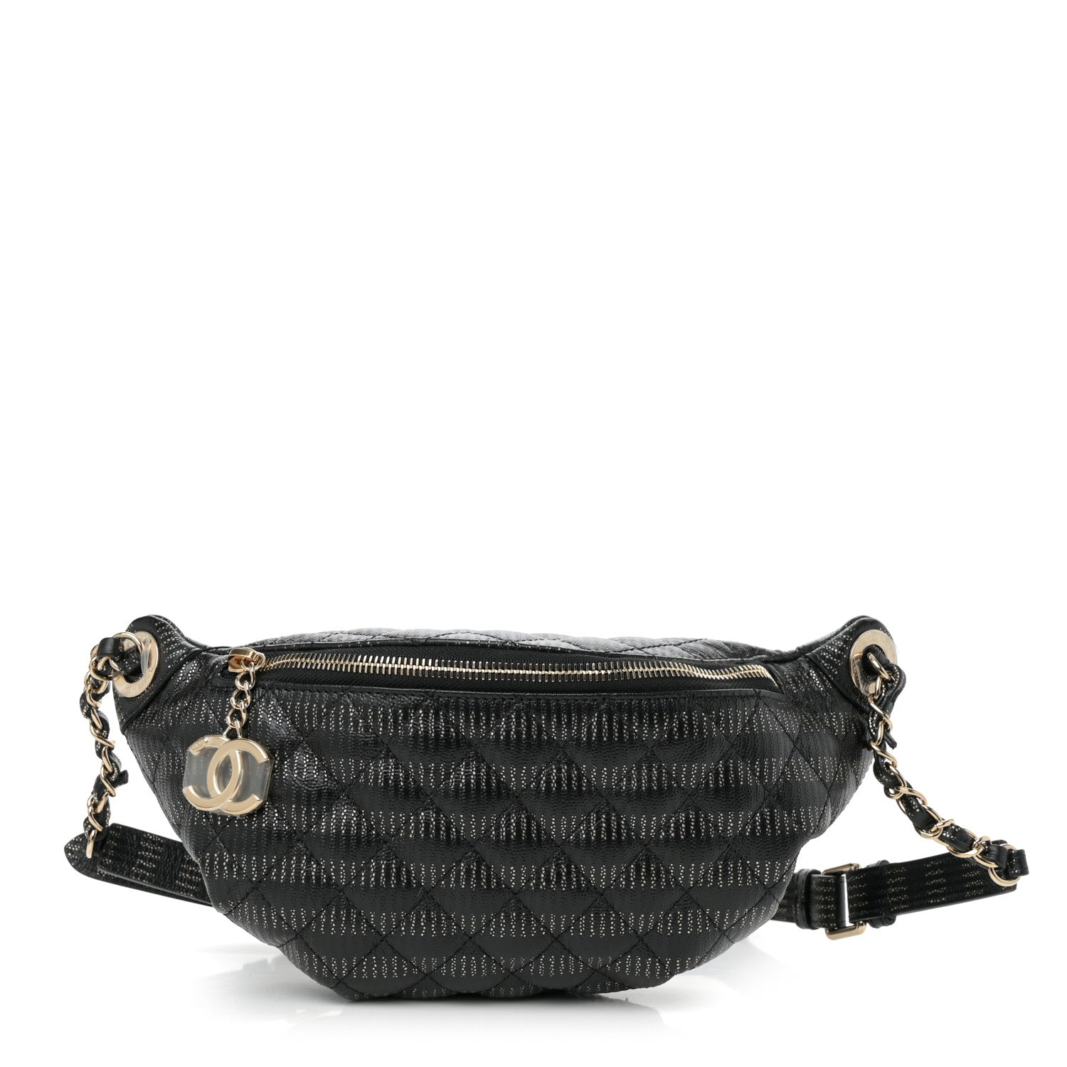 Chanel Metallic Caviar Striped Banane Waist Bag Fanny Pack Black Gold 1 of 12