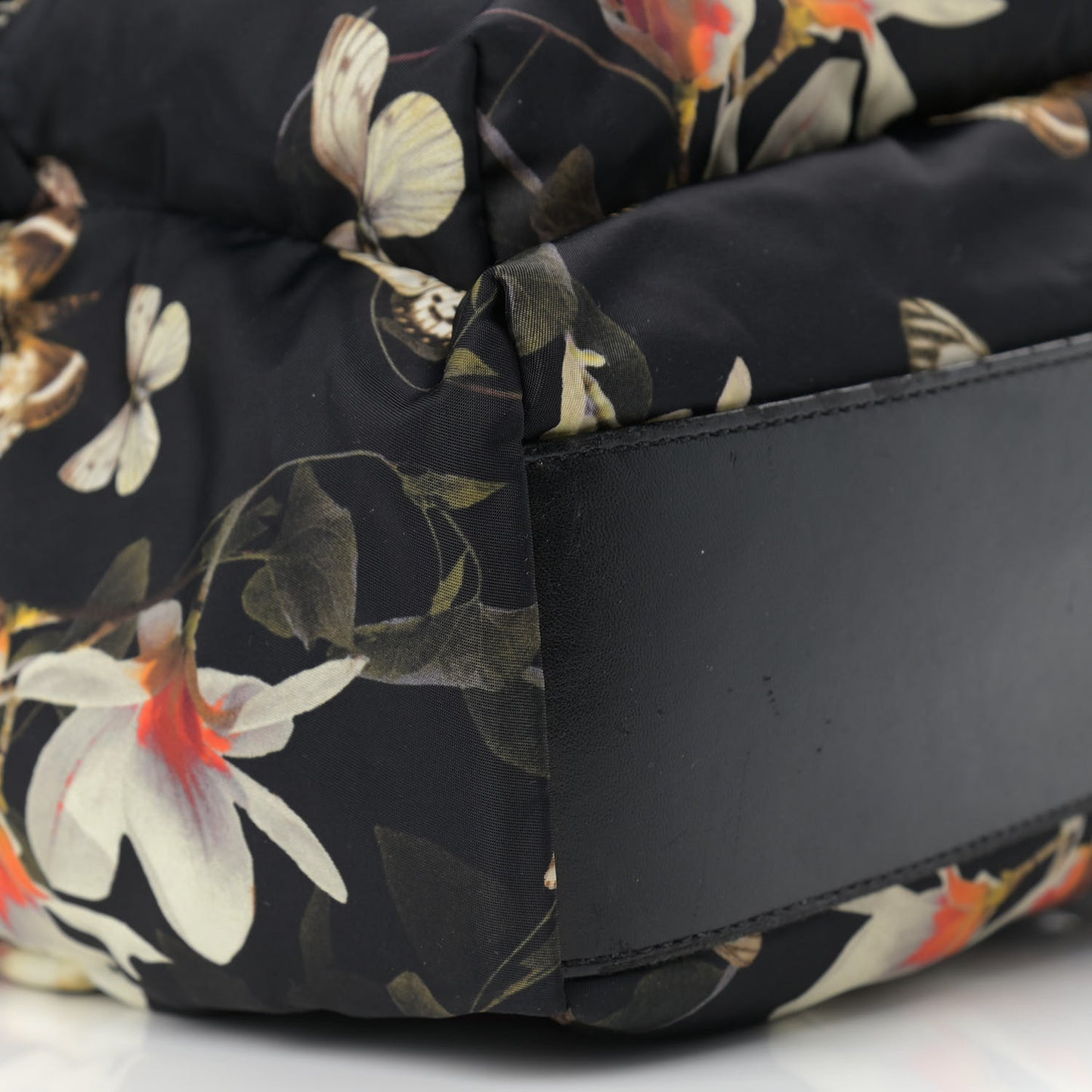 Nylon Calfskin Magnolia and Moth Print Backpack Black