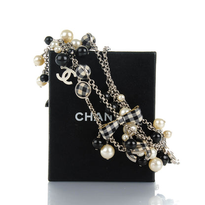 Chanel Pearl Beaded Gingham CC Long Necklace Black 6 of 7