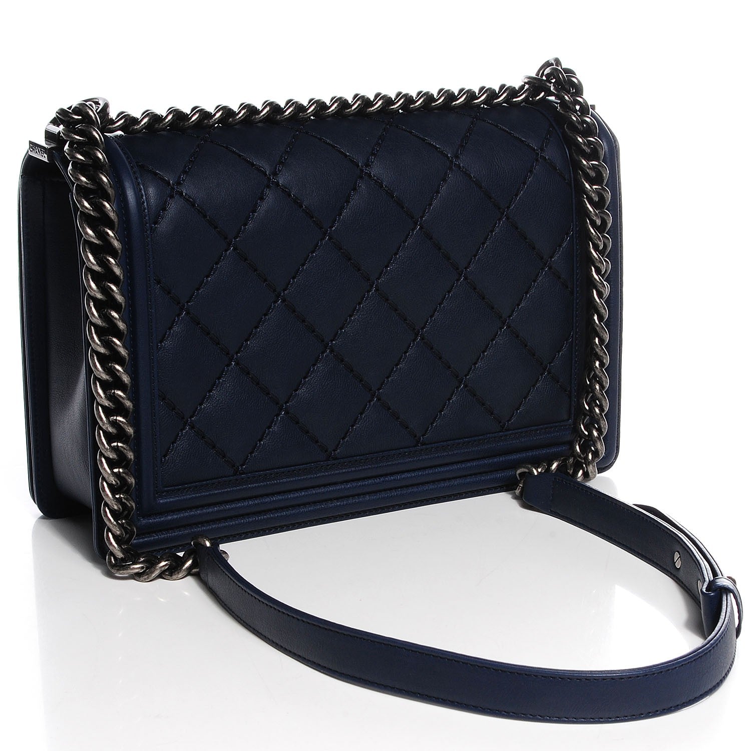Chanel Calfskin Quilted Double Stitch New Medium Boy Flap Navy Blue 3 of 9