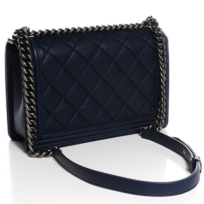Chanel Calfskin Quilted Double Stitch New Medium Boy Flap Navy Blue 3 of 9