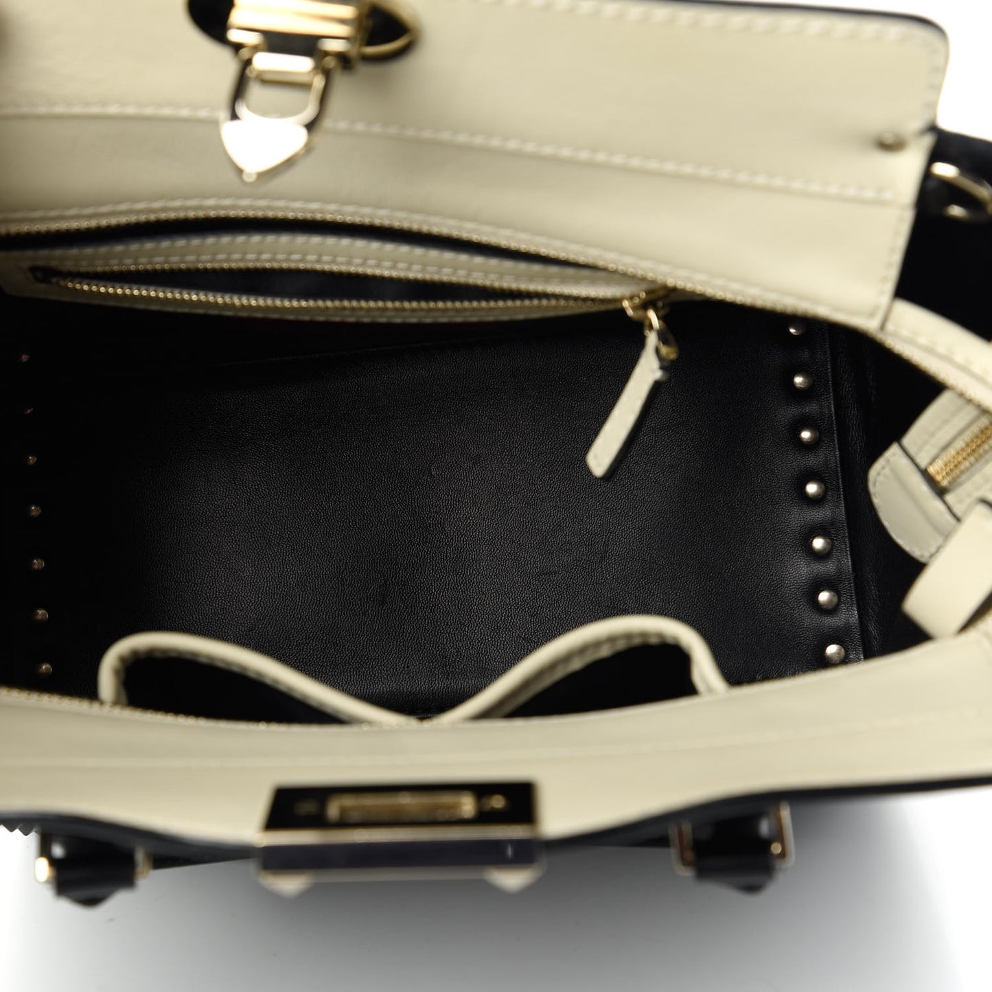 Vitello Bi-Color Small Rockstud Double Handle Tote Ivory Black
