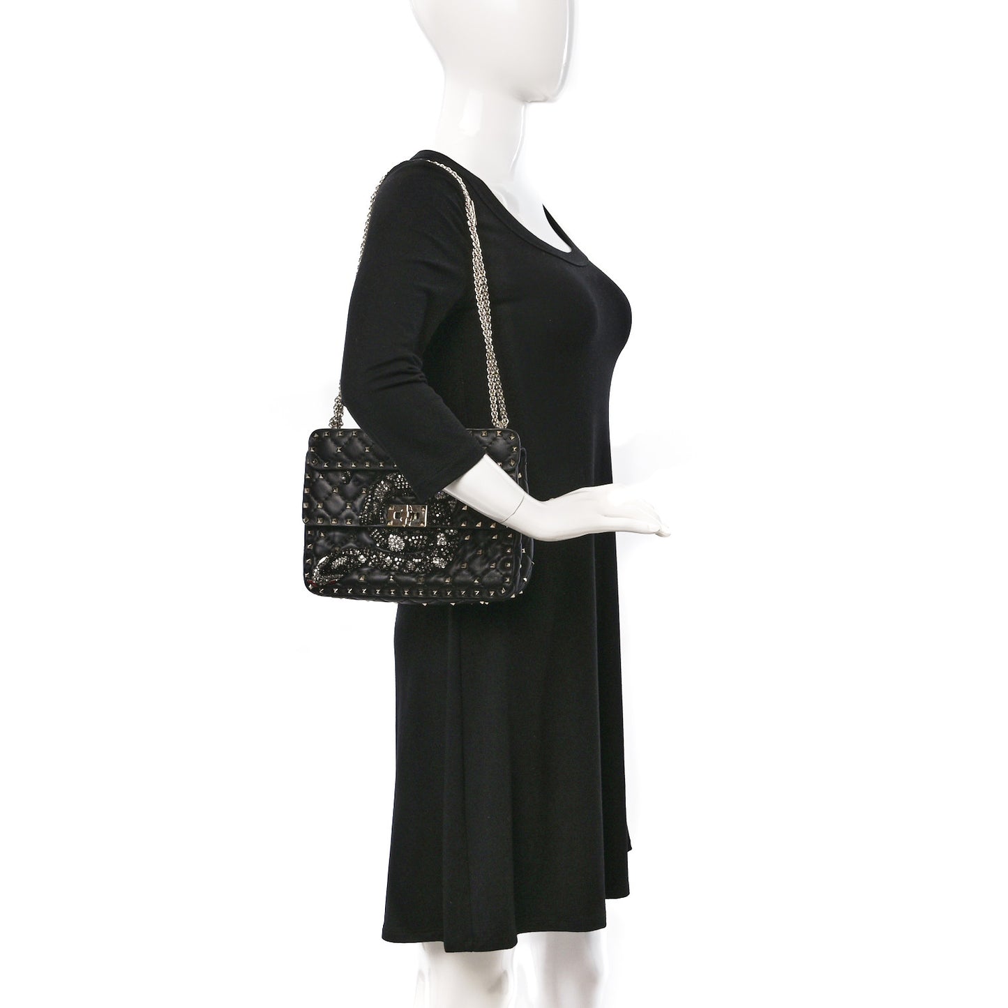 Lambskin Sequin Snake Medium Rockstud Spike Shoulder Bag Black