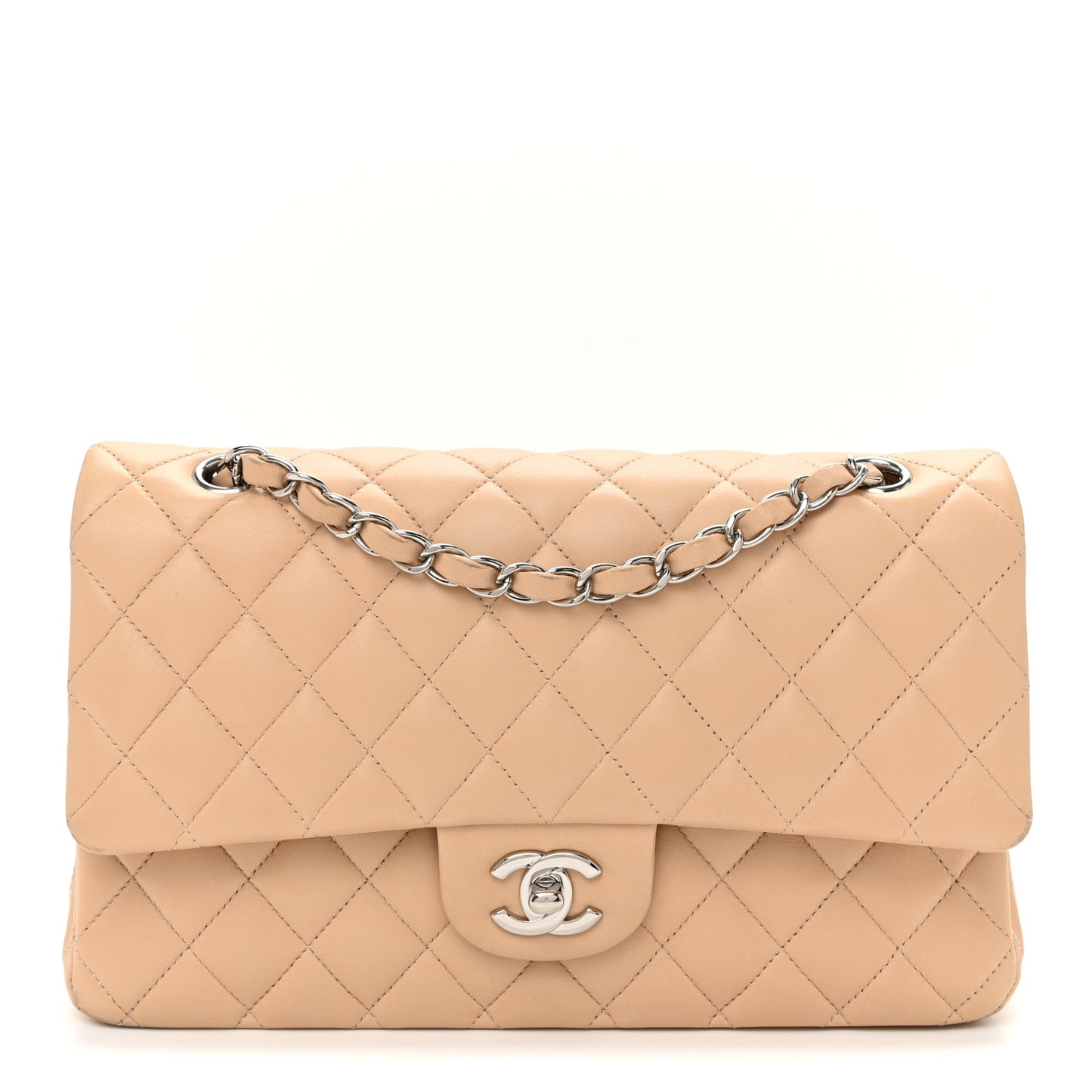 Lambskin Quilted Medium Double Flap Beige