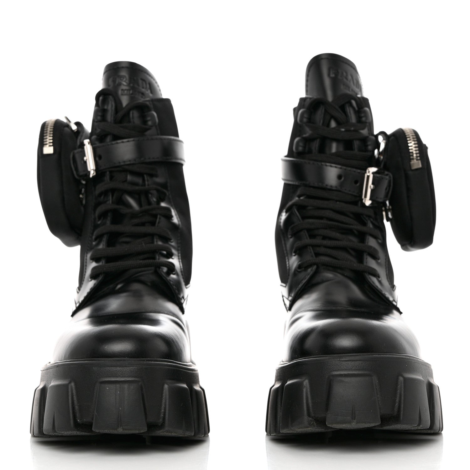 Prada Spazzolato Rois Re-Nylon Metal Triangle Logo Monolith Pouch Pocket 55mm Boots 39.5 Black 2 of 9