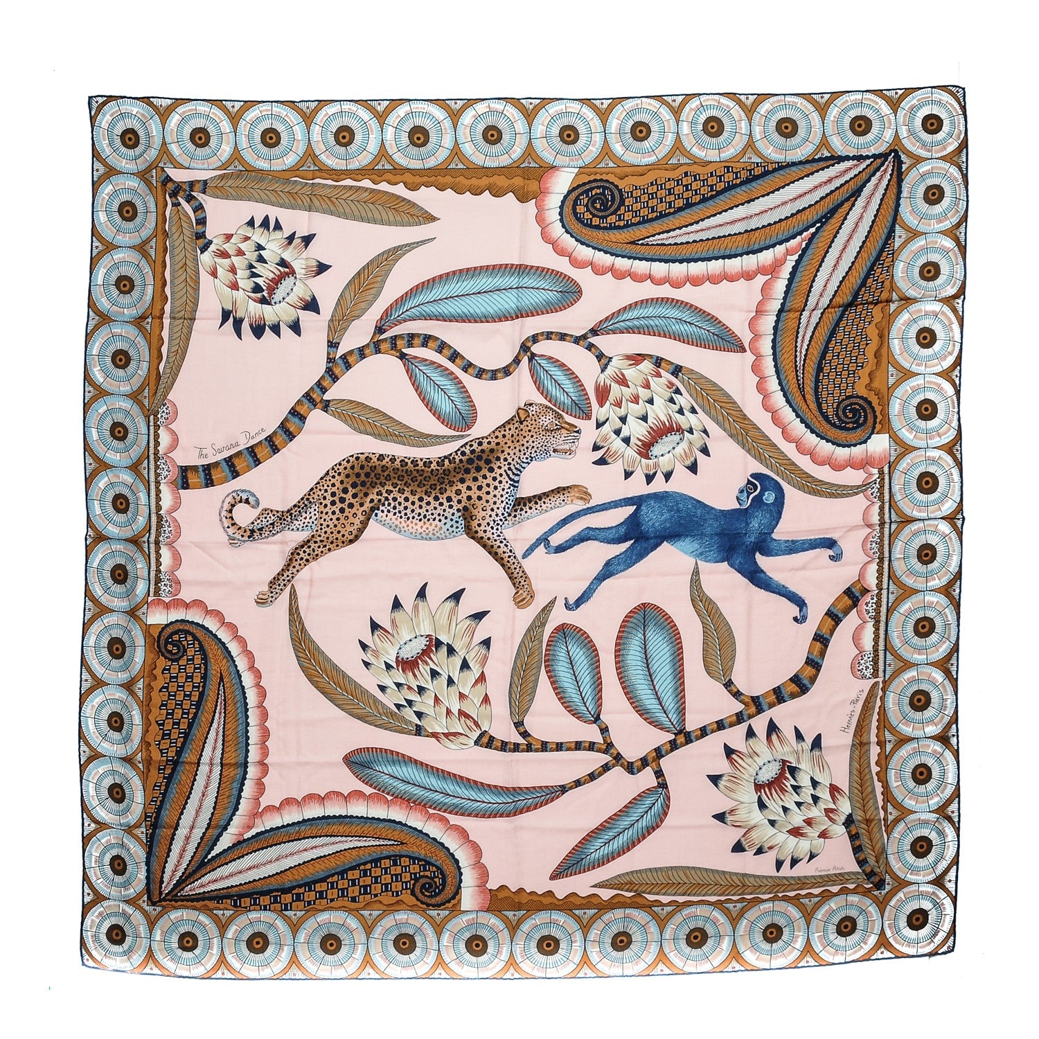 Hermes Cashmere Silk The Savana Dance Shawl 140 Rose Pale Bleu Marron 1 of 8