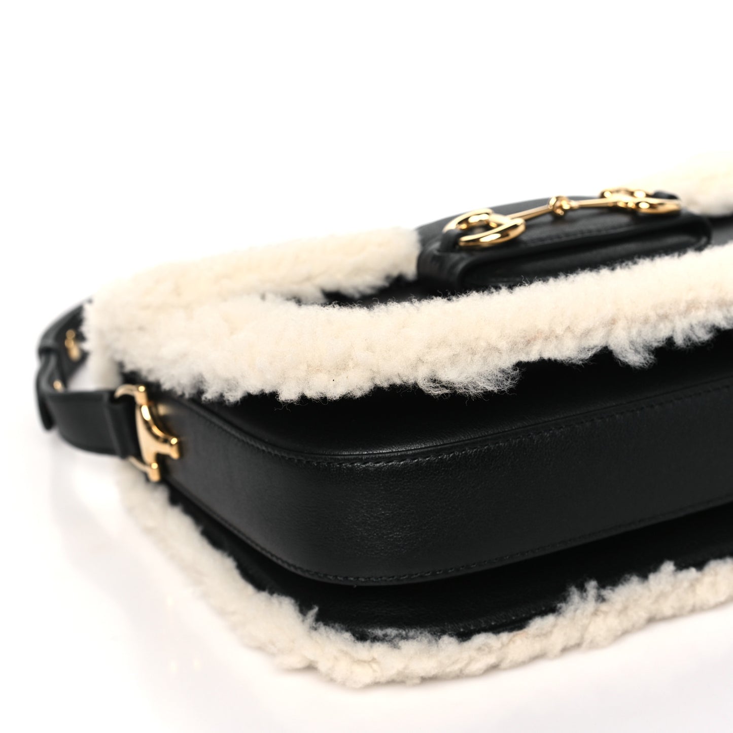Sakai Be Green Calfskin Shearling Horsebit 1955 Shoulder Bag Black