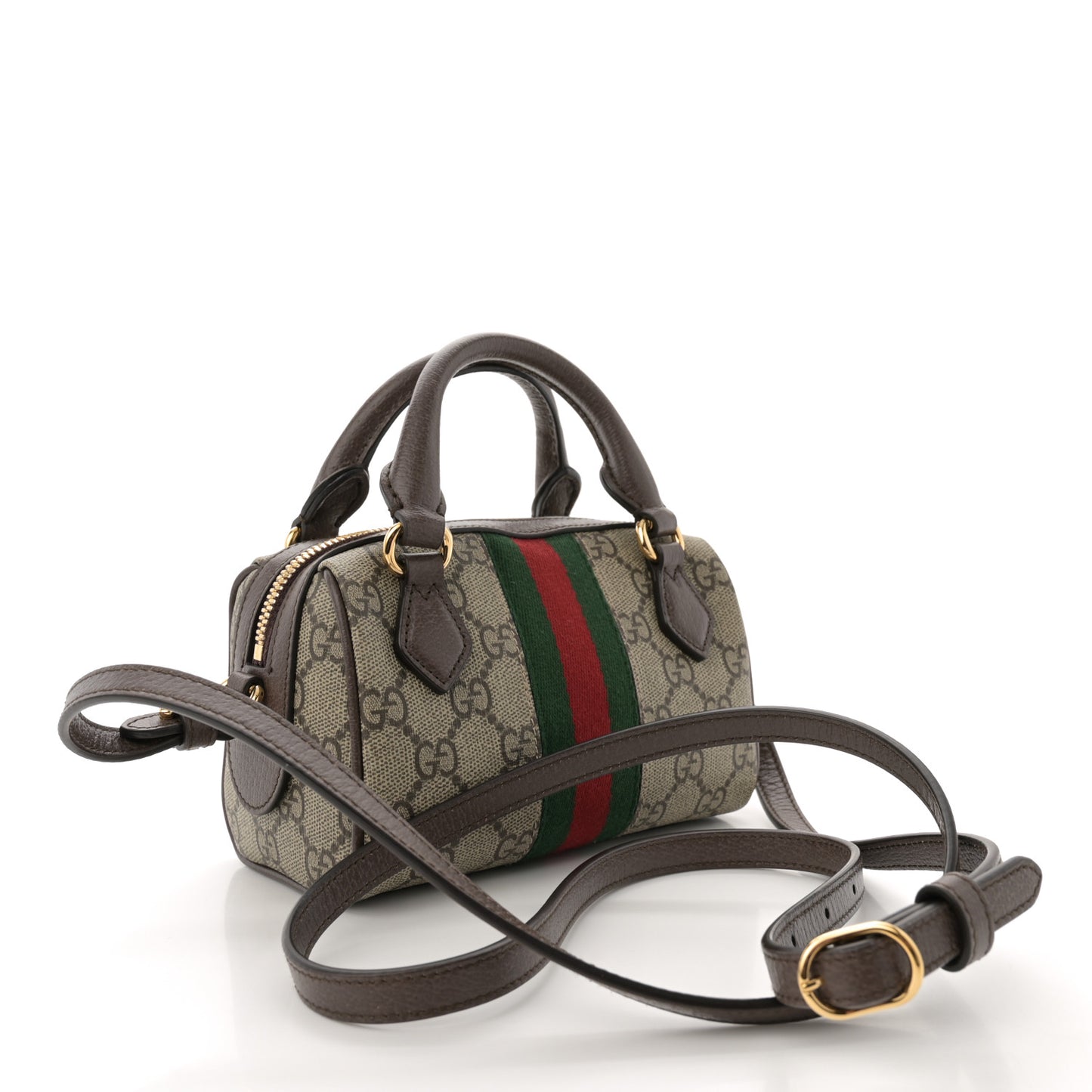 GG Supreme Monogram Textured Dollar Calfskin Web Super Mini Ophidia Top Handle Bowler Bag Beige Ebony New Acero