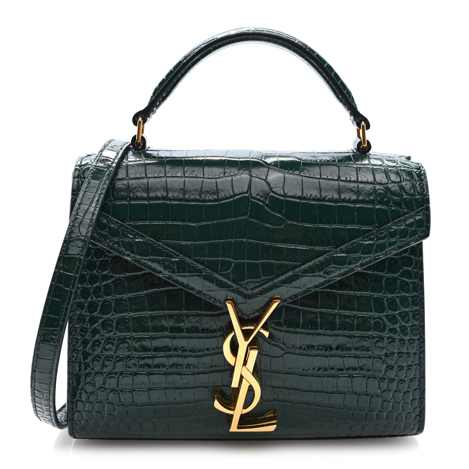 Saint Laurent Calfskin Crocodile Embossed Mini Classic Monogram Cassandra Top Handle Green 1 of 9