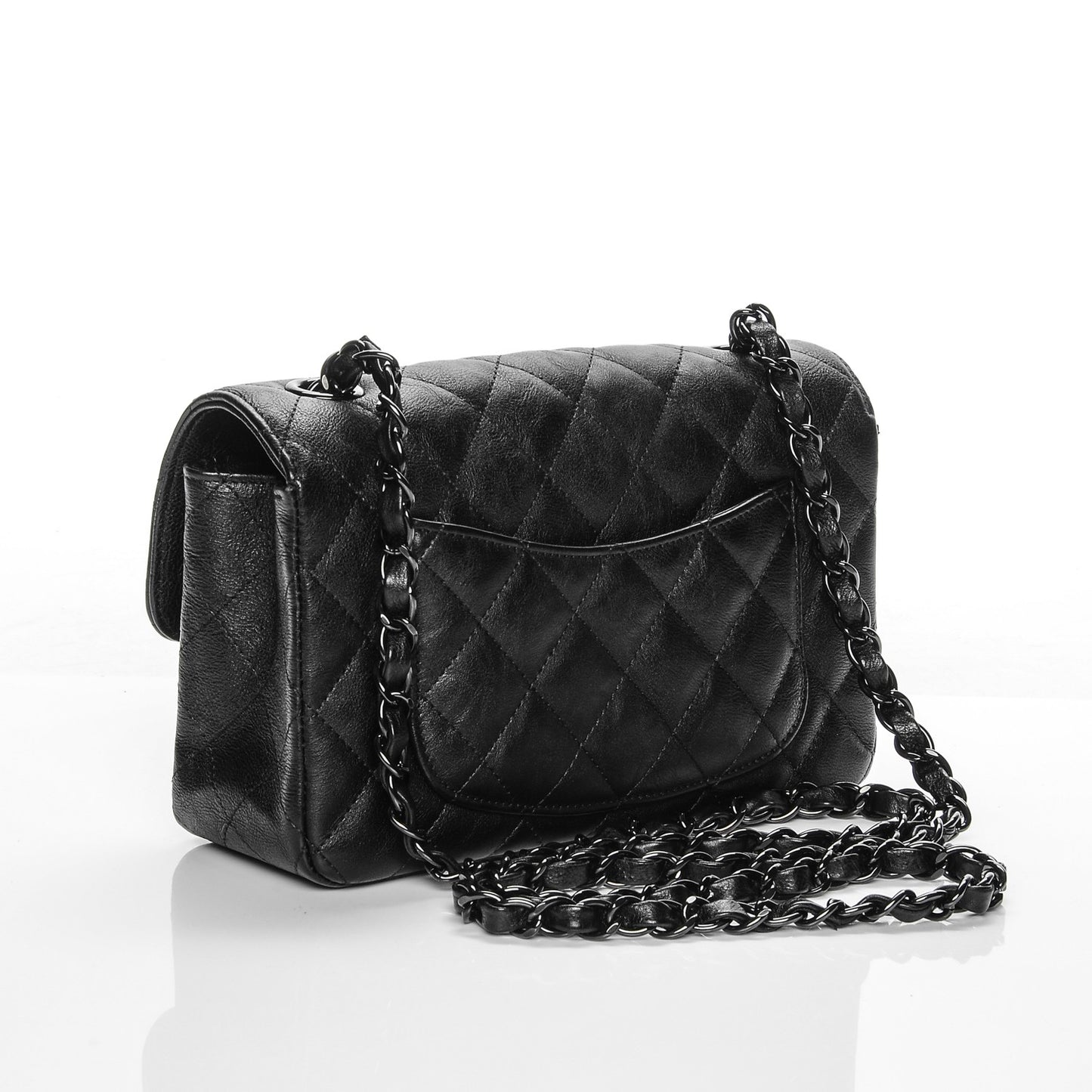Crumpled Calfskin Quilted Mini Rectangular Flap So Black