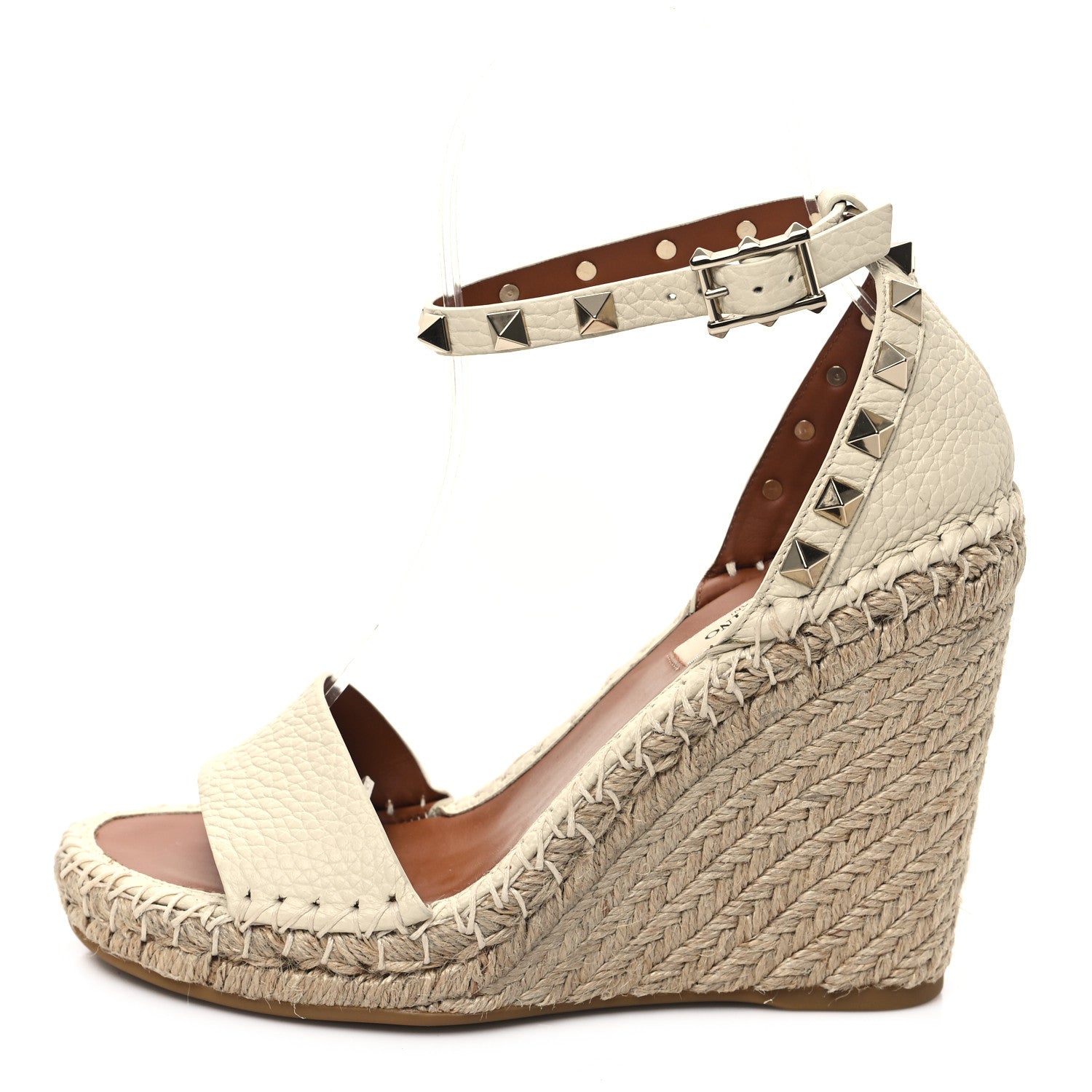 Valentino Garavani Grained Calfskin Rockstud Ankle Strap Espadrille Wedge Sandals 35 Light Ivory 1 of 10