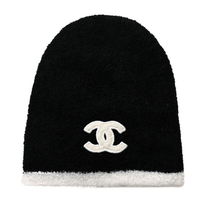 Chanel Cashmere Silk CC Beanie Hat Black White 1 of 5