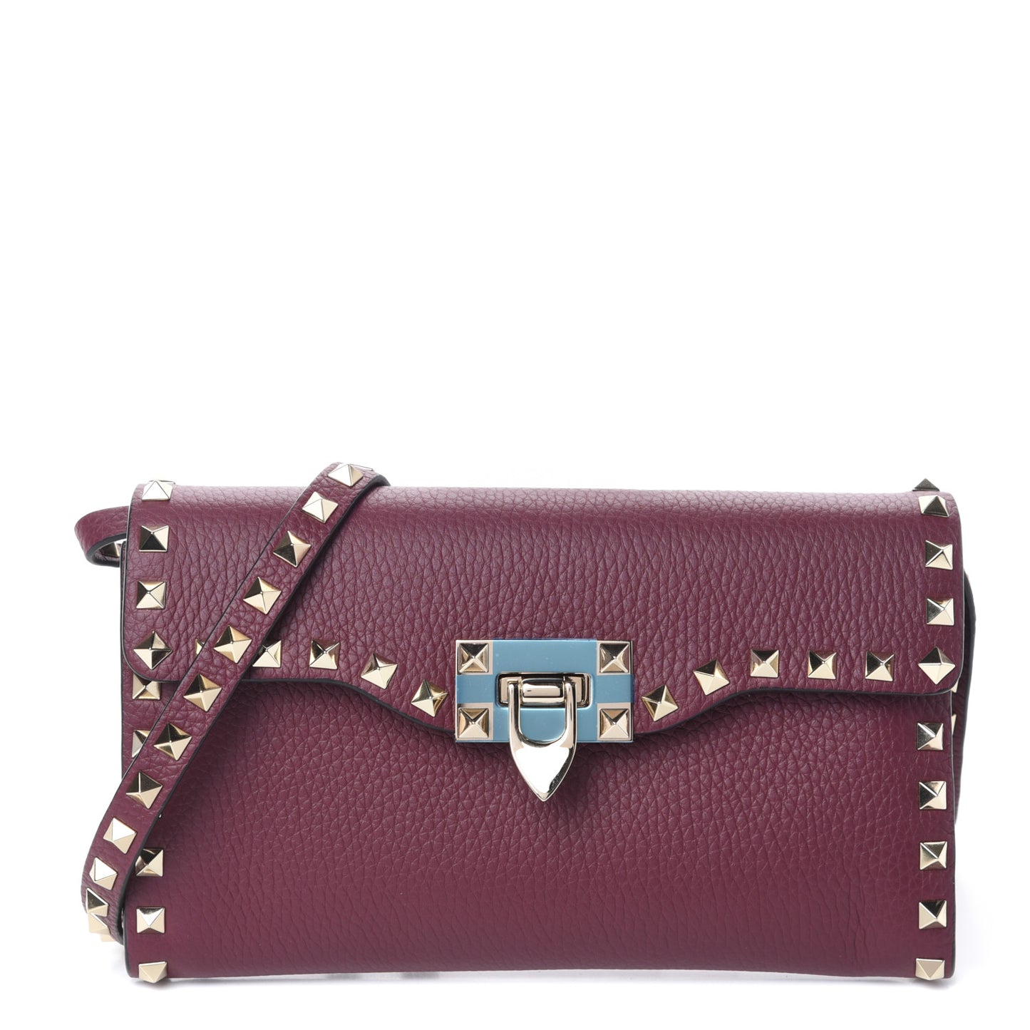 Pebbled Calfskin Medium Rockstud Flip Lock Crossbody Bag Vinaccia