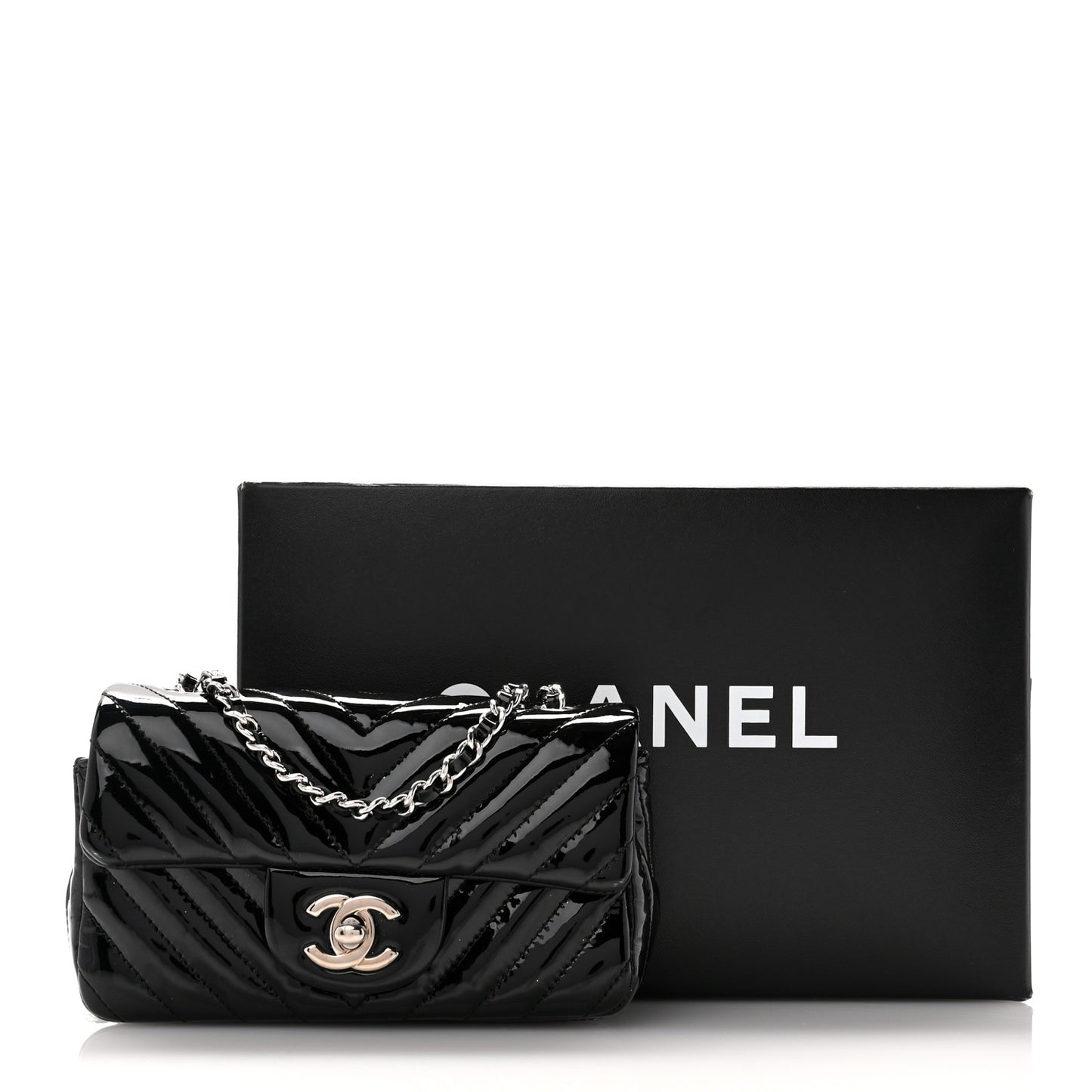 Patent Calfskin Chevron Quilted Extra Mini Flap Black