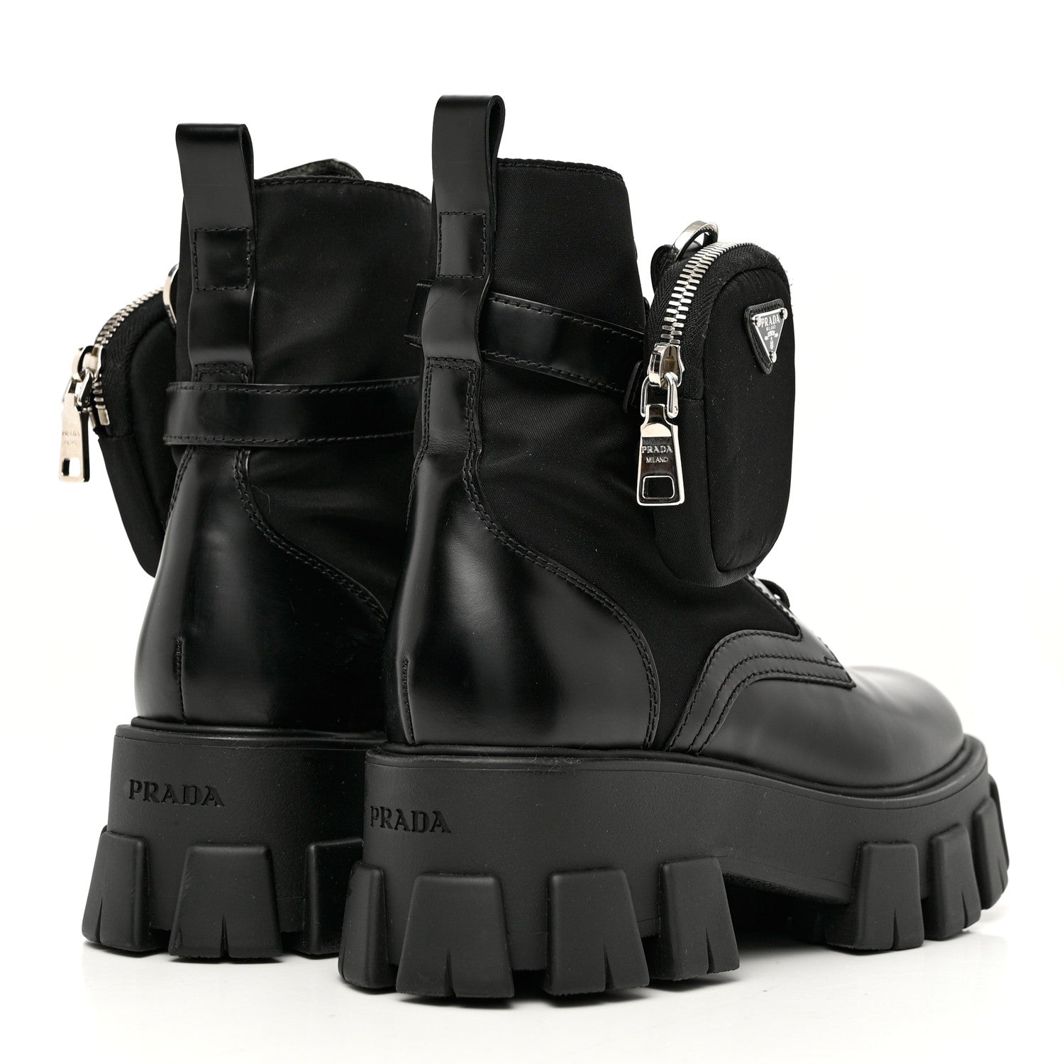 Prada Spazzolato Rois Nylon Metal Triangle Logo Monolith Pouch Pocket 55mm Boots 38 Black 4 of 9