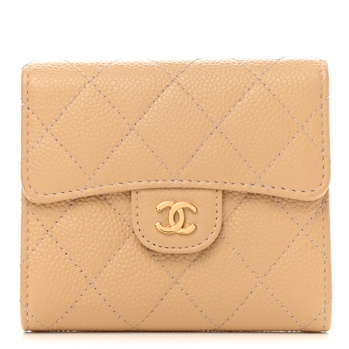 Caviar Quilted Compact Flap Wallet Beige