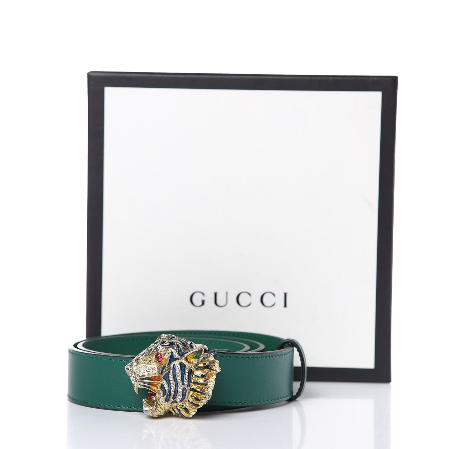 Calfskin Crystal Metal Tiger Head Buckle 30mm Belt 75 30 Emerald Multicolor