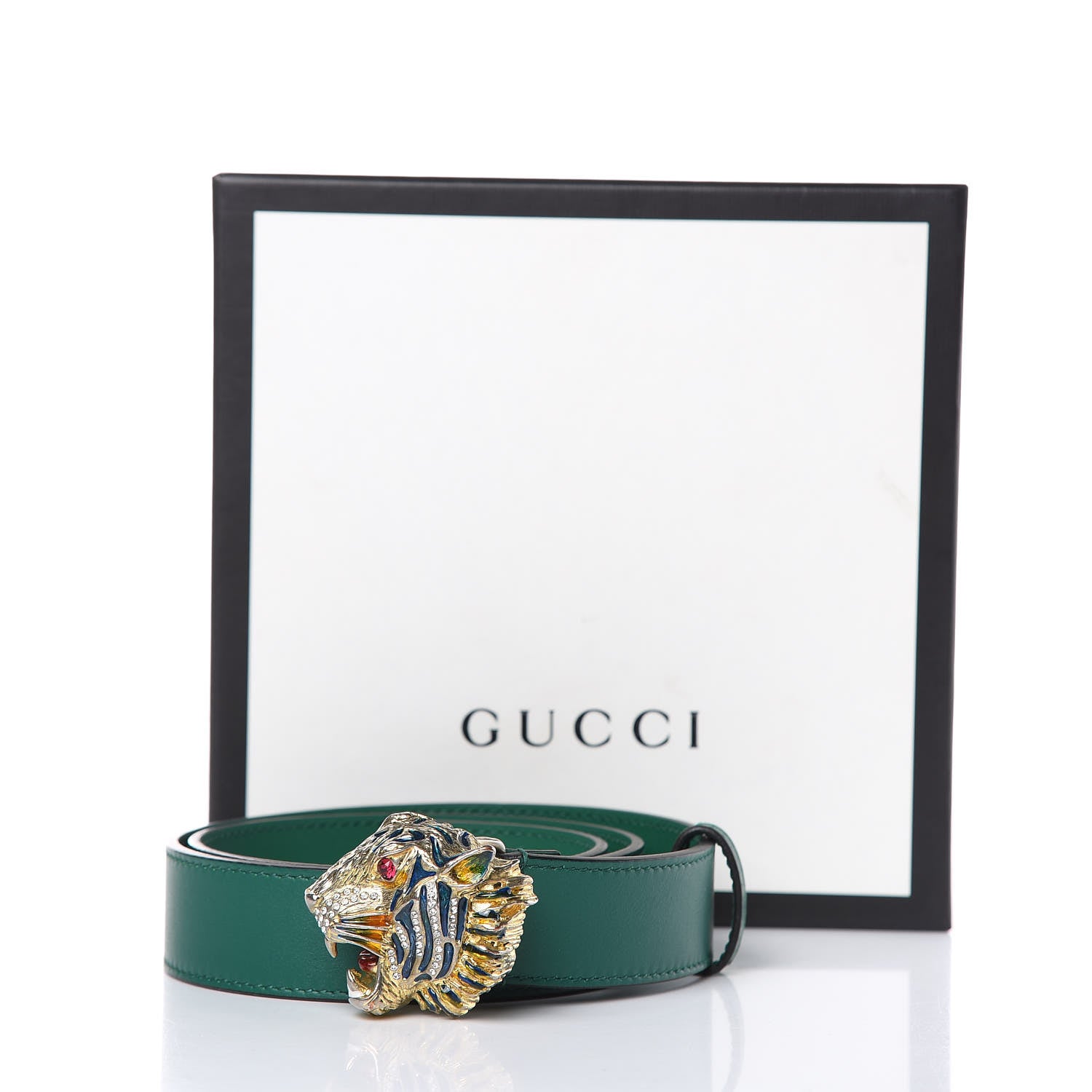 Gucci Calfskin Crystal Metal Tiger Head Buckle 30mm Belt 75 30 Emerald Multicolor 8 of 8