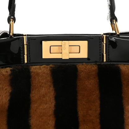 Fendi Shearling Vitello Vernice Mou Pequin Striped Medium Peekaboo Iconic Satchel Tobacco Black 7 of 9