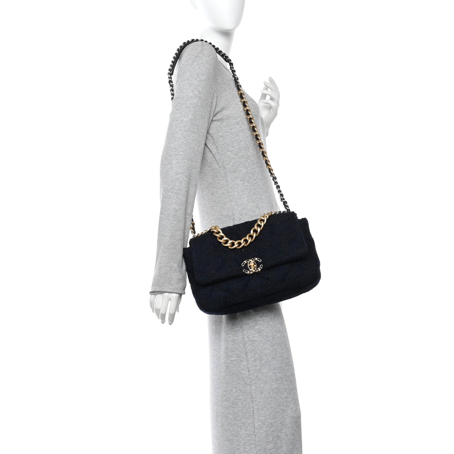 Chanel Tweed Quilted Large Chanel 19 Flap Navy Blue 1887065