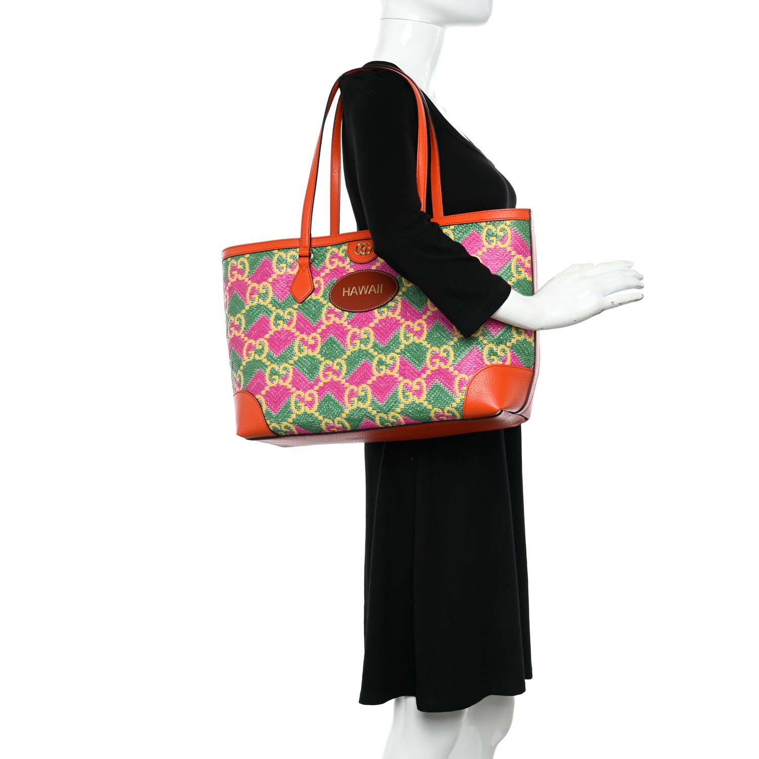 Gucci Straw Textured Dollar Calfskin Hawaii Medium Ophidia Shopping Tote New Shamarock Magenta Bright Yellow Deep Orange Peanut Brown 2 of 11