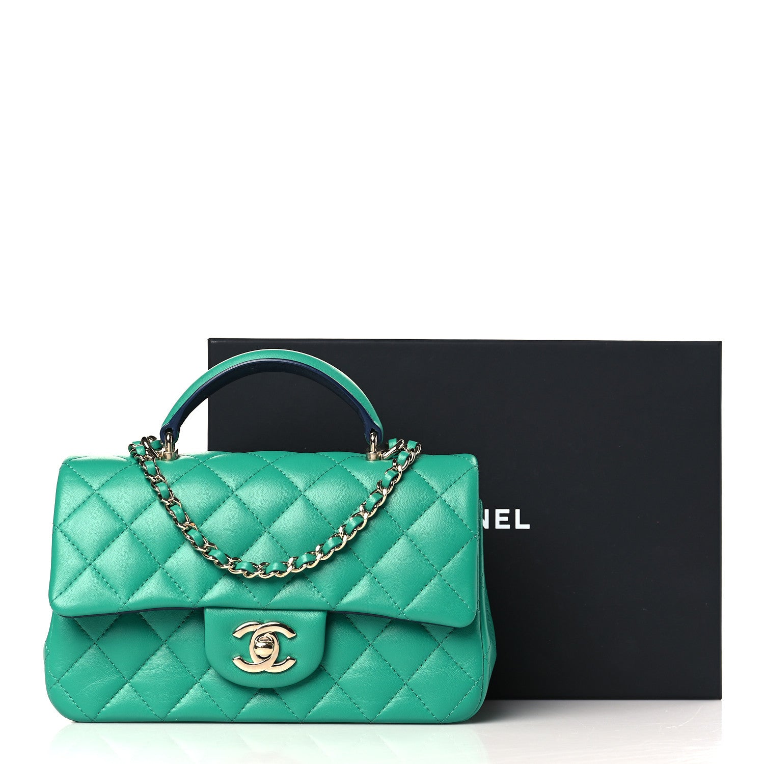 Chanel Lambskin Quilted Bi-Color Mini Top Handle Rectangular Flap Green Dark Blue 10 of 10