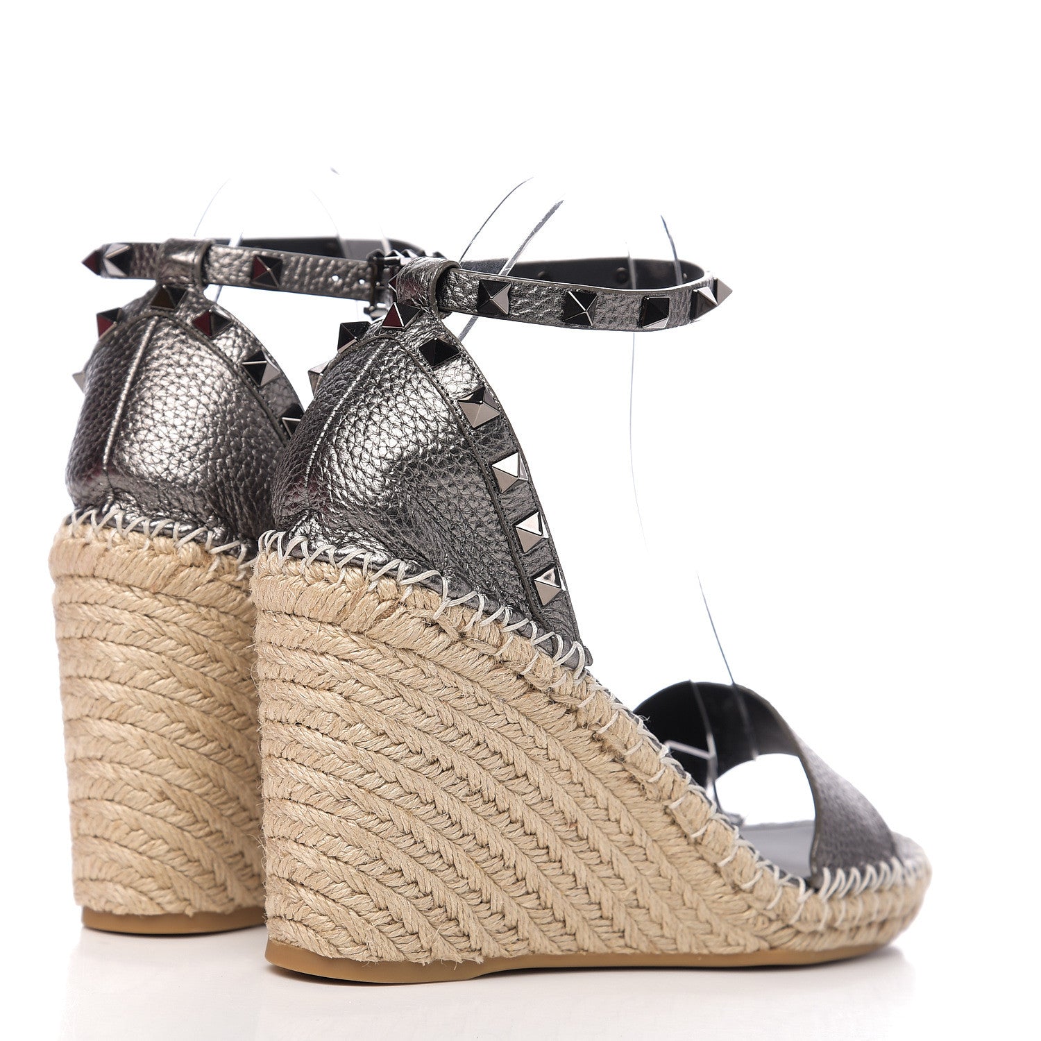 Valentino Garavani Metallic Grained Calfskin Rockstud Ankle Strap Espadrille 15/105mm Wedge Sandals 41 Rutenio Natural 4 of 8